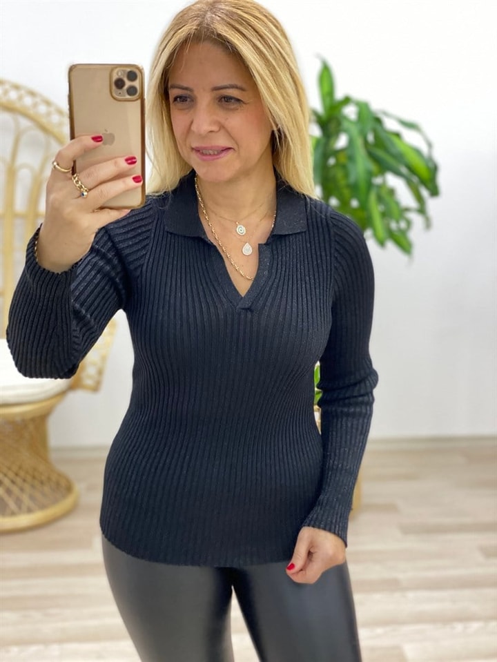 V Yaka Fitilli Triko Bluz