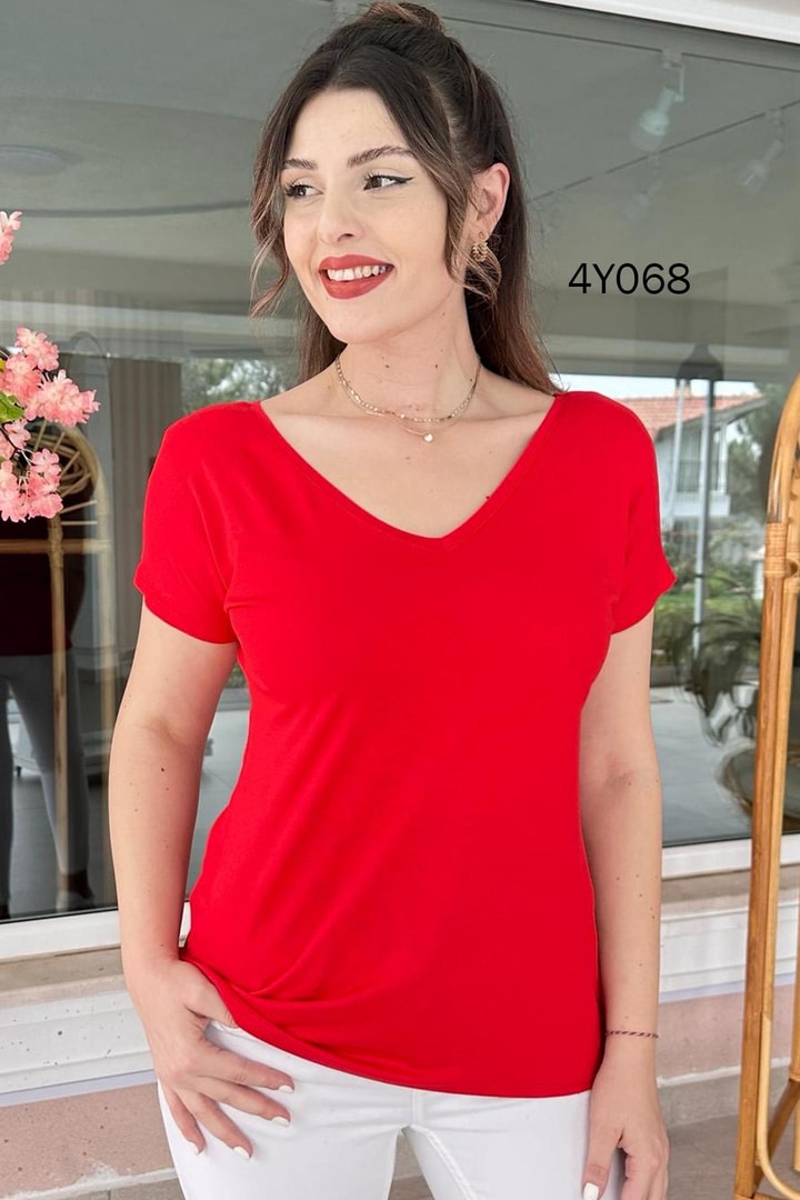 V Yaka Likralı Viskon Tshirt