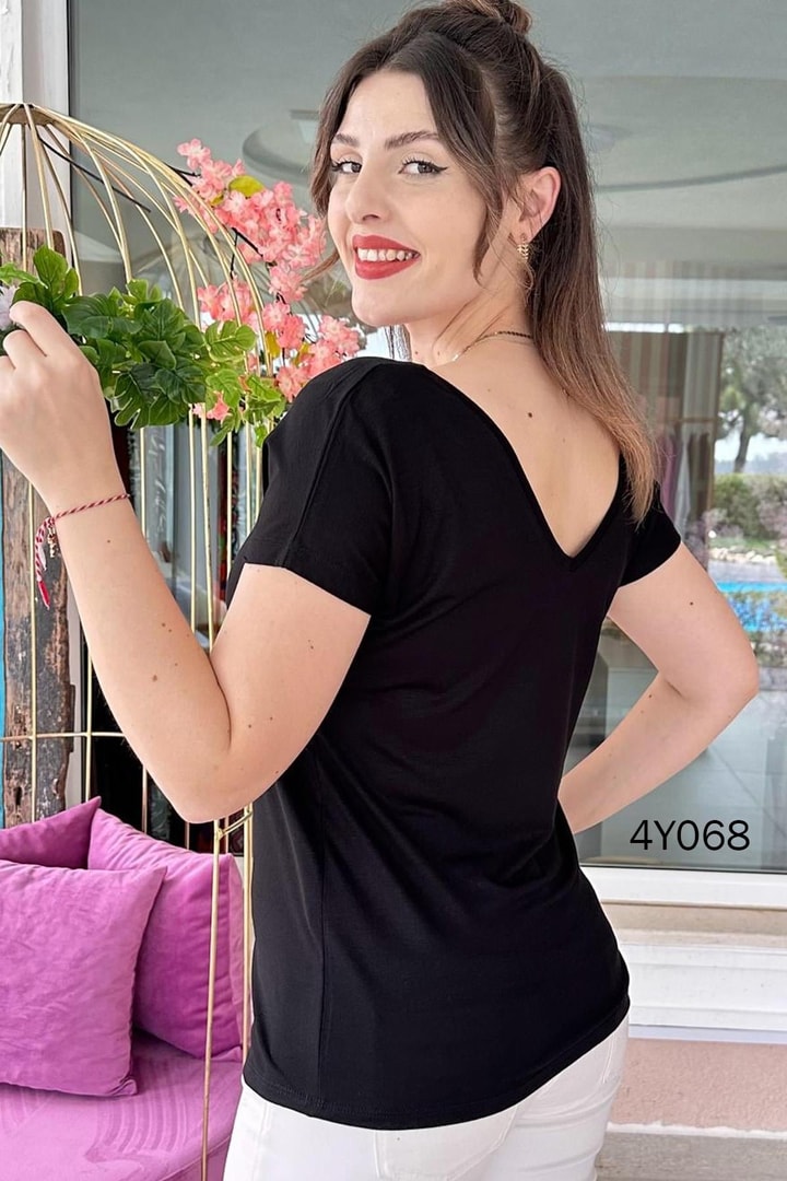 V Yaka Likralı Viskon Tshirt