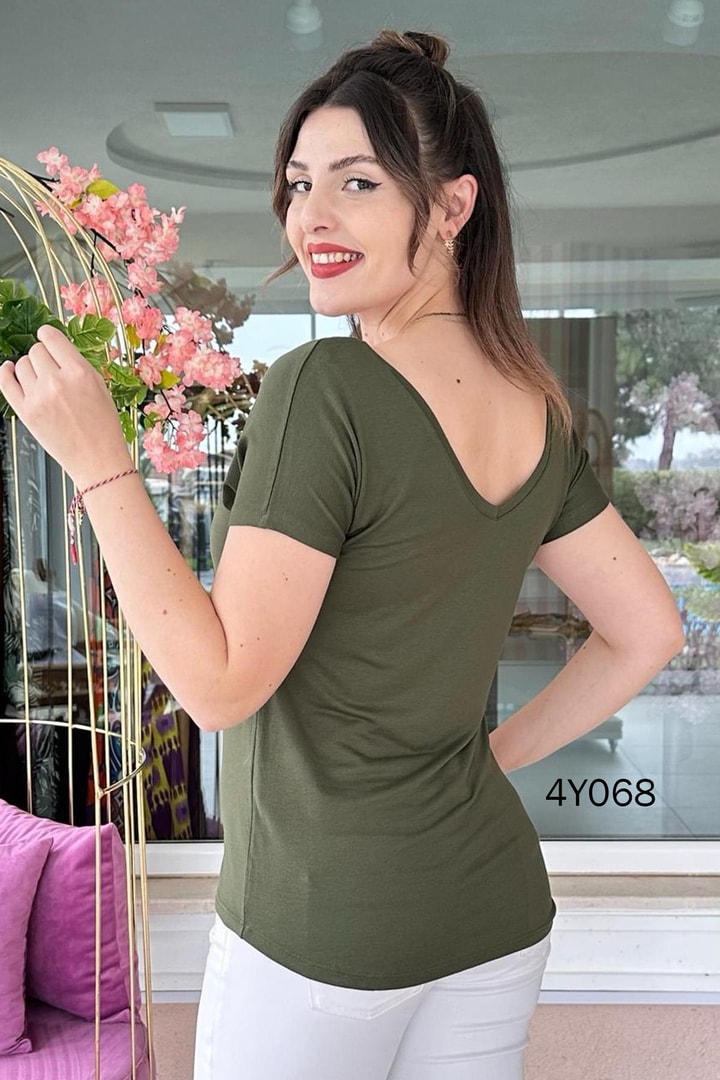 V Yaka Likralı Viskon Tshirt