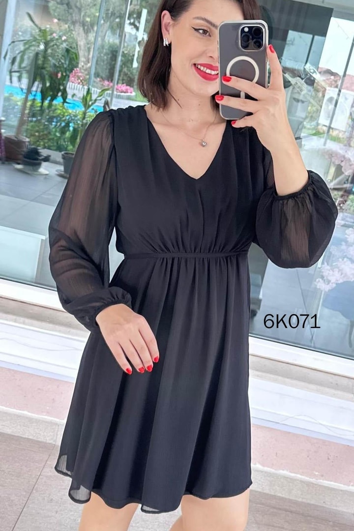 V Yaka Multi Şifon Elbise