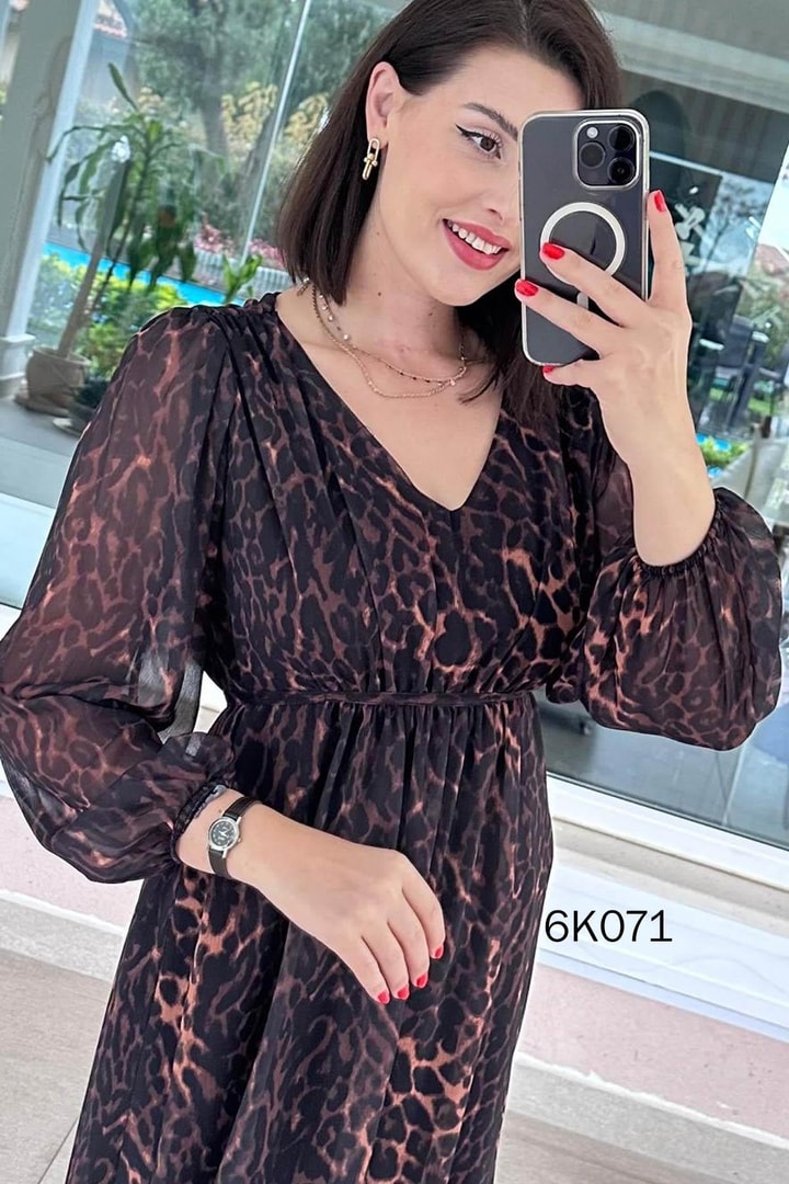 V Yaka Multi Şifon Elbise