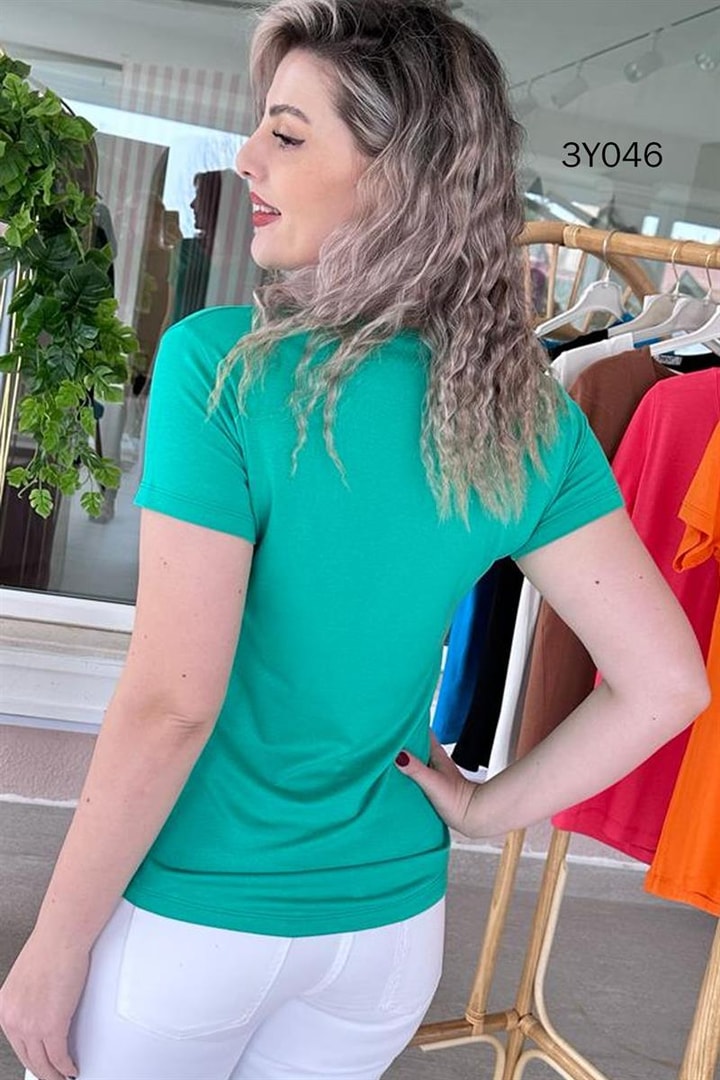 V Yaka Pamuklu Viskon Tshirt