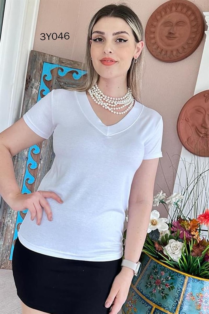 V Yaka Pamuklu Viskon Tshirt