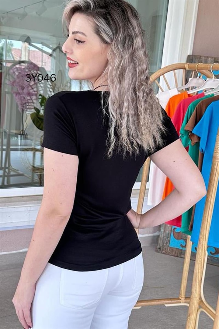 V Yaka Pamuklu Viskon Tshirt