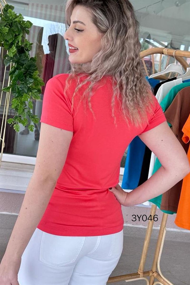 V Yaka Pamuklu Viskon Tshirt