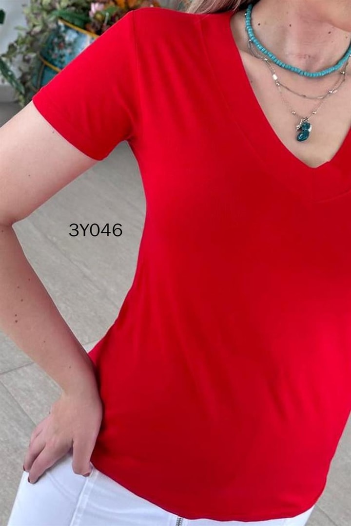 V Yaka Pamuklu Viskon Tshirt