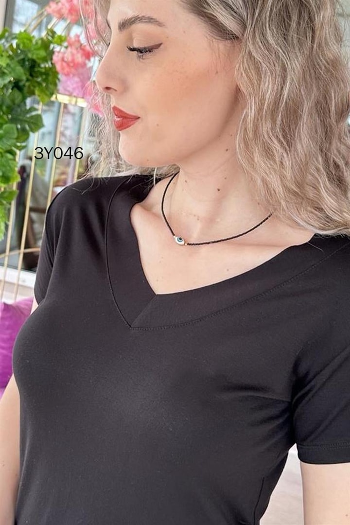 V Yaka Pamuklu Viskon Tshirt