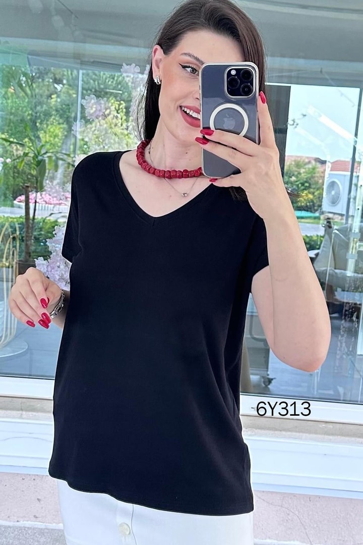 V Yaka Pul Payet Detaylı Viskon Penye Bluz