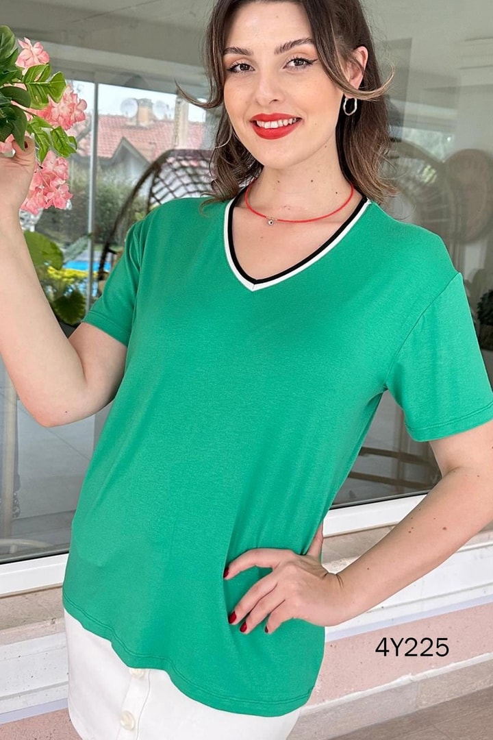 V Yaka Ribanalı Viskon Tshirt