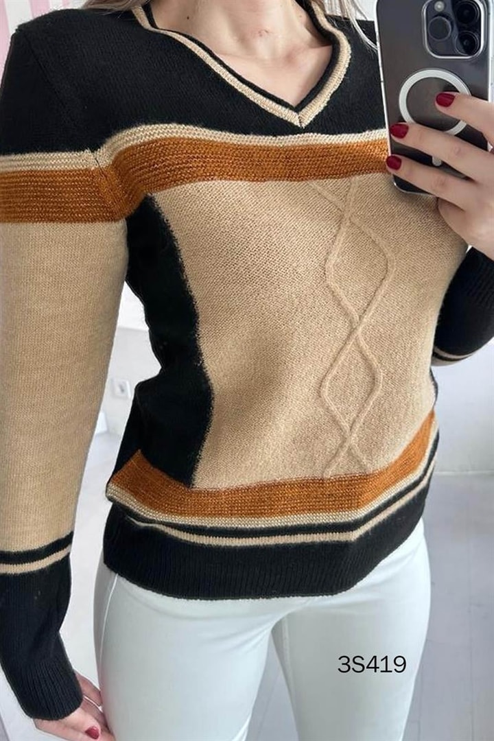 V Yaka Simli Triko Bluz