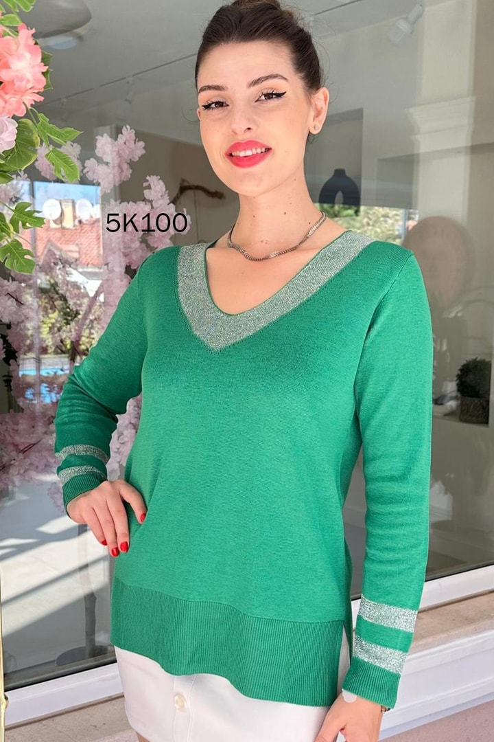 V Yaka Simli Triko Bluz