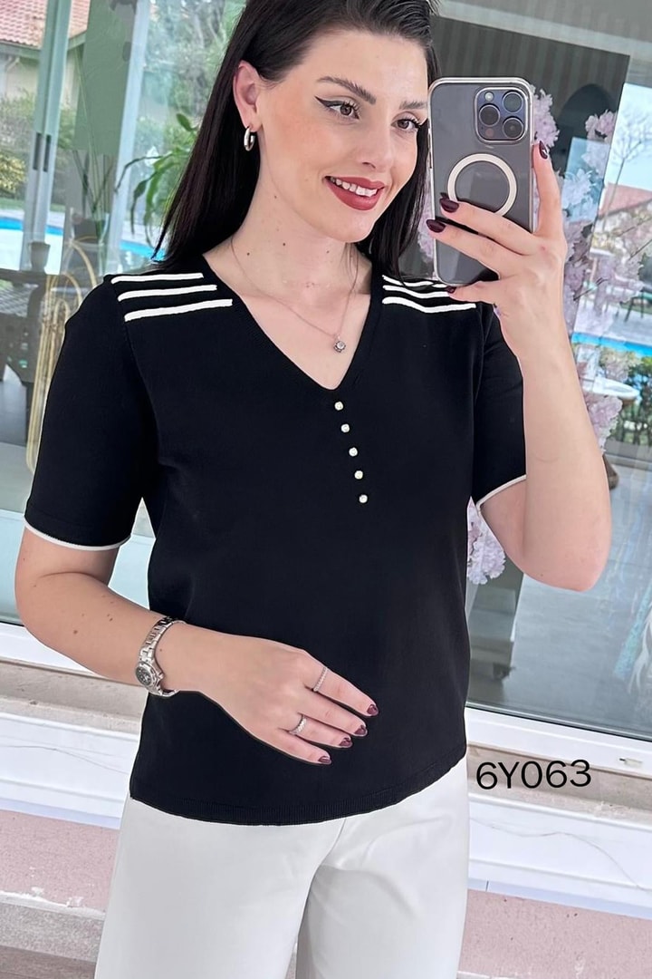 V Yaka Taş Detay Merserize Triko Bluz