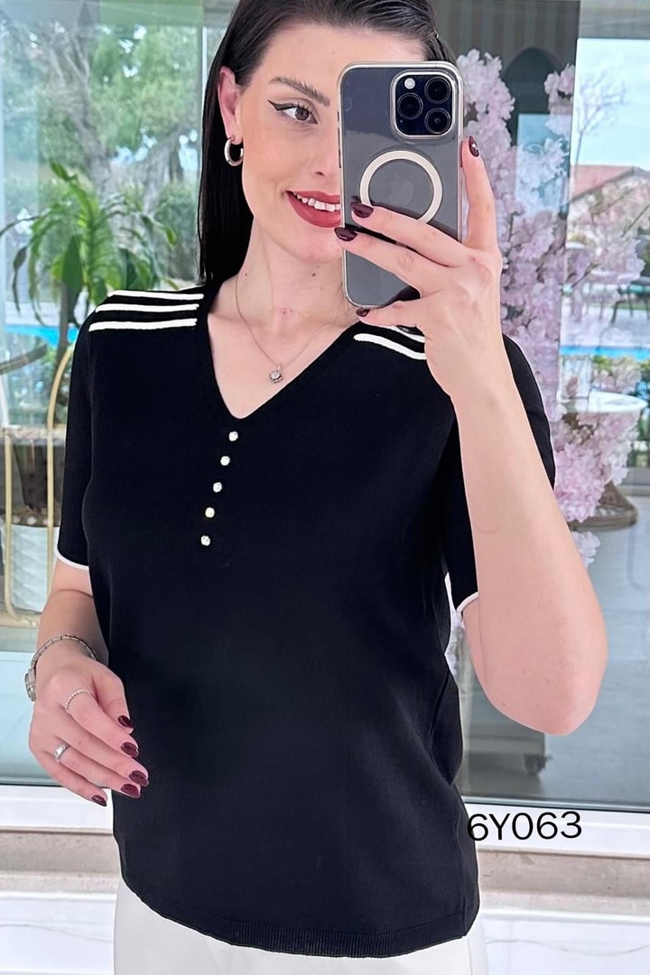 V Yaka Taş Detay Merserize Triko Bluz
