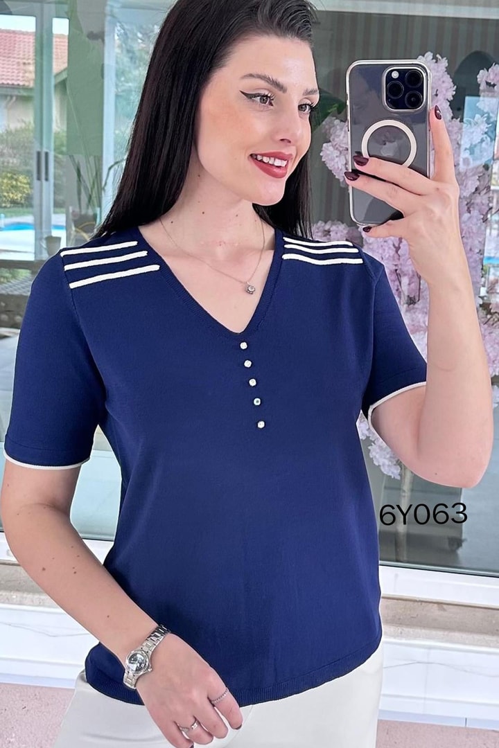 V Yaka Taş Detay Merserize Triko Bluz