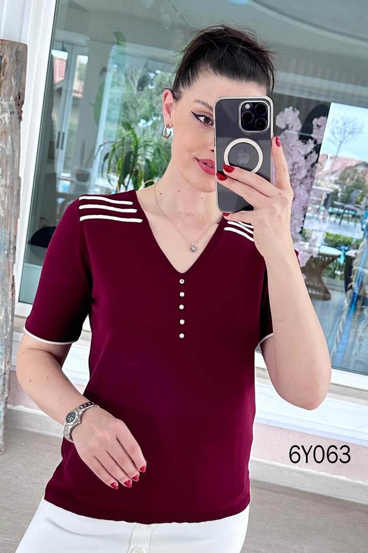 V Yaka Taş Detay Merserize Triko Bluz