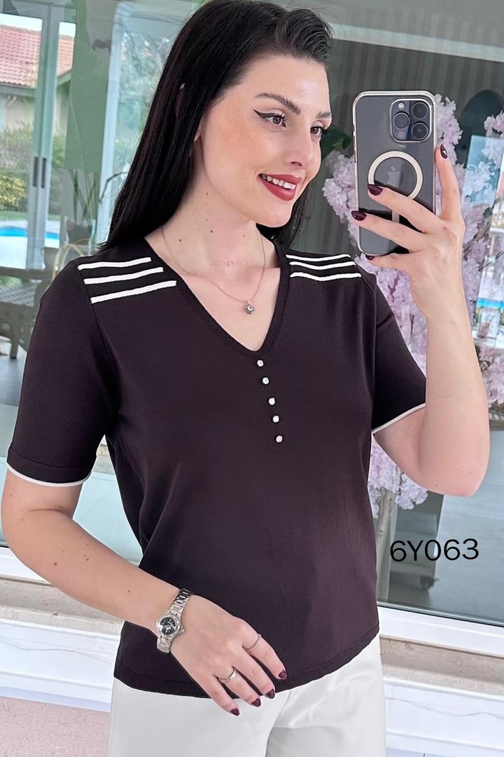 V Yaka Taş Detay Merserize Triko Bluz