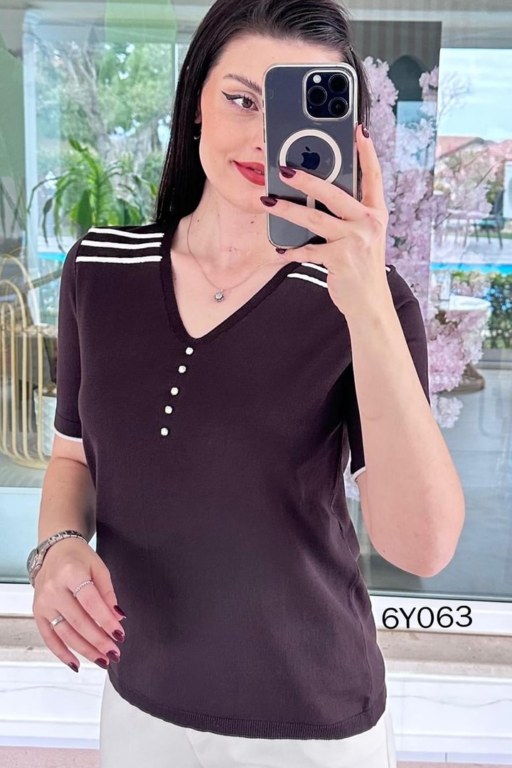 V Yaka Taş Detay Merserize Triko Bluz