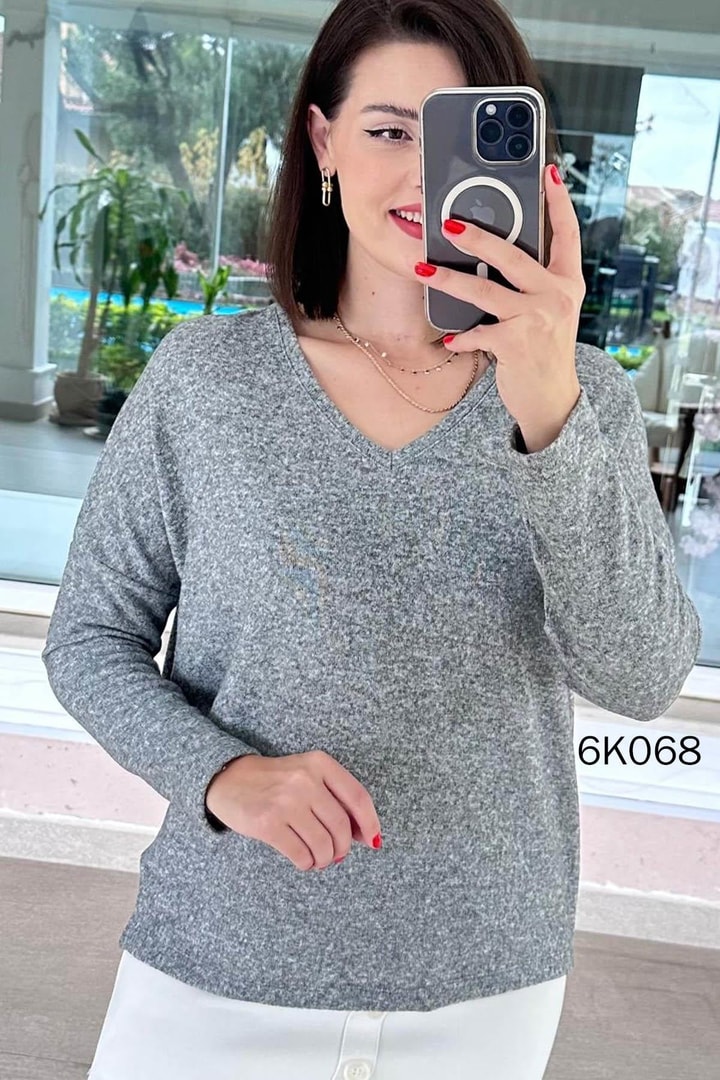 V Yaka Yarasa Kol Yumoş Triko Bluz