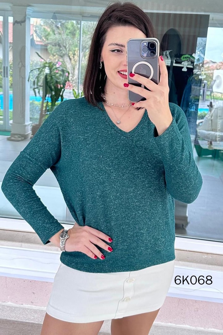 V Yaka Yarasa Kol Yumoş Triko Bluz