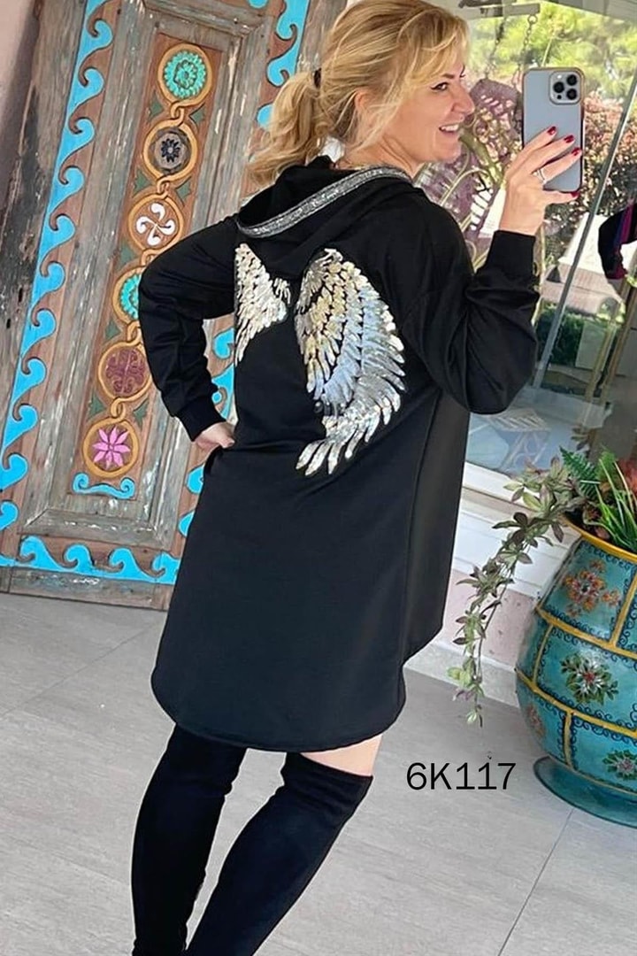 Viskon Kumaş Melek Kanat Payetli Kapşonlu Hırka