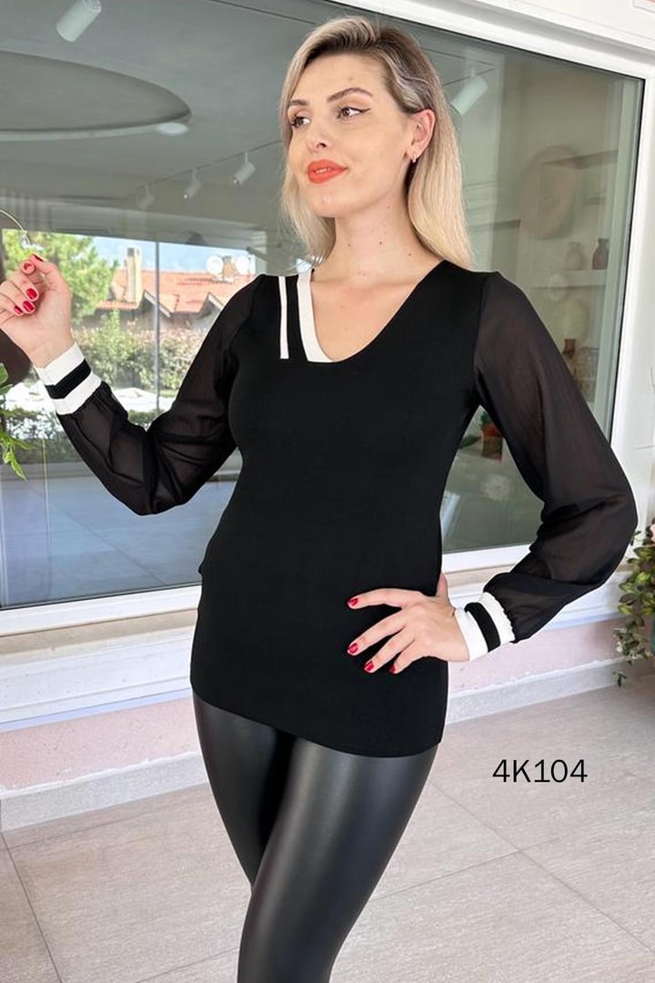 Yakası Çizgili Kolları Şifon Triko Bluz