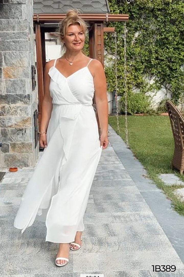 Yakası Volanlı İp Askılı Şifon Elbise