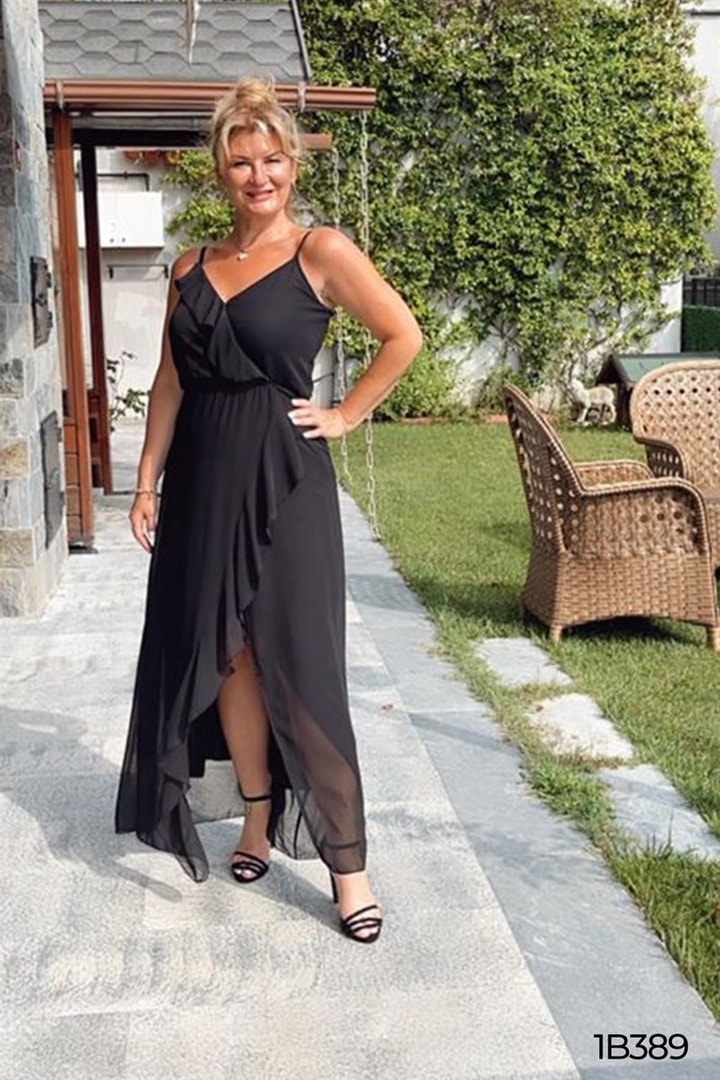 Yakası Volanlı İp Askılı Şifon Elbise