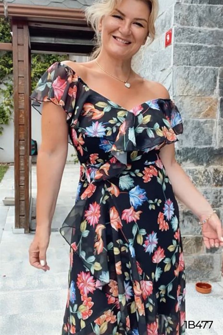 Yakası Volanlı Şifon Elbise