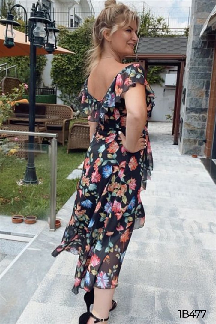 Yakası Volanlı Şifon Elbise