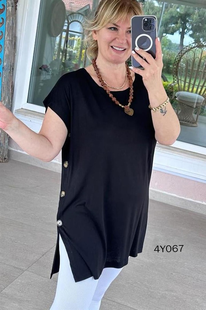 Yandan Düğmeli Likralı Viskon Bluz