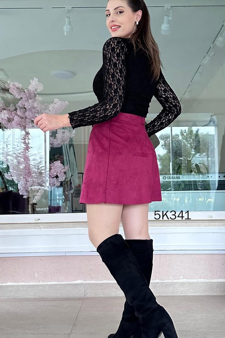 Yanı Pileli Süet Etek