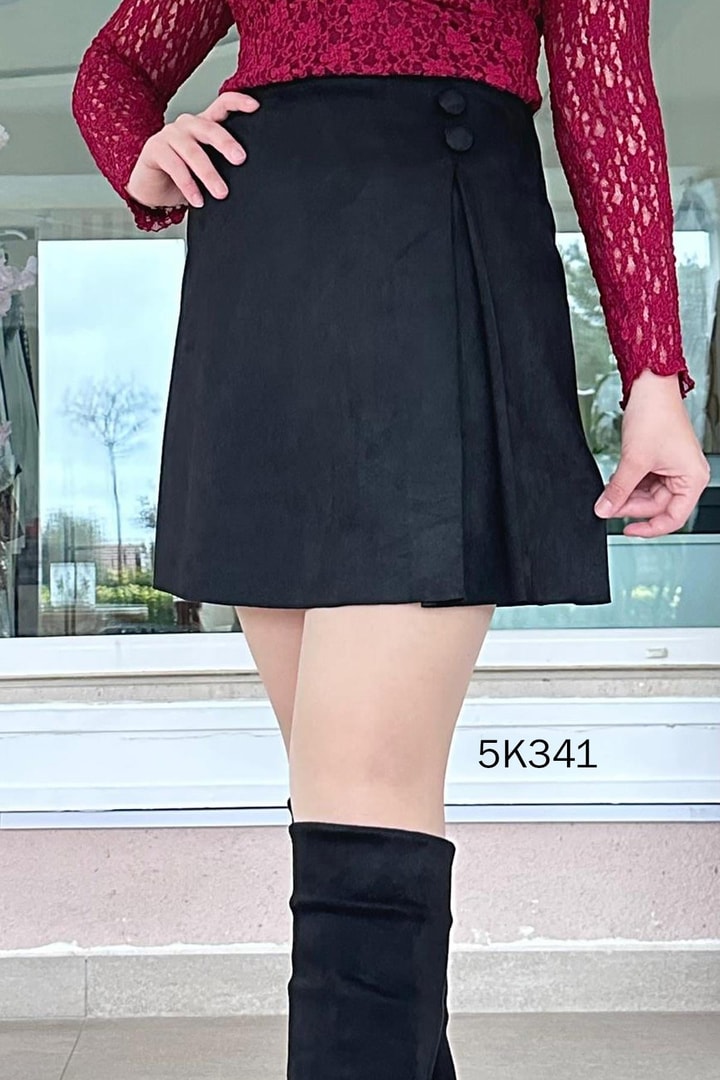 Yanı Pileli Süet Etek