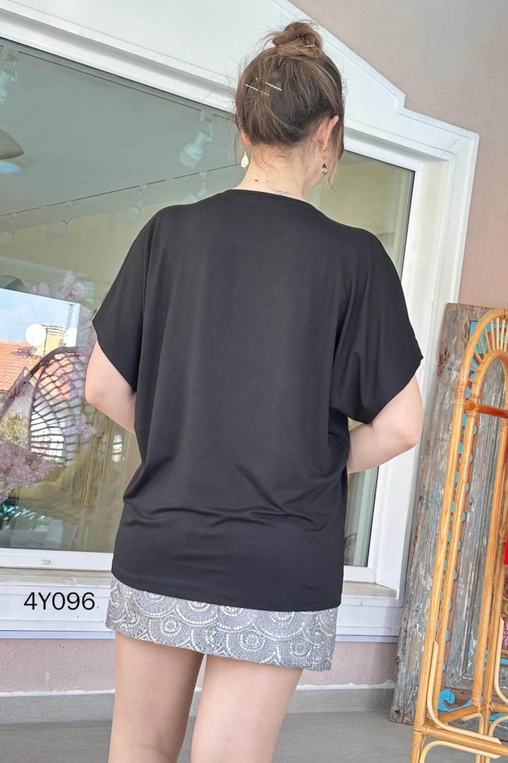 Yarasa Kol Taş Baskılı Viskon Bluz