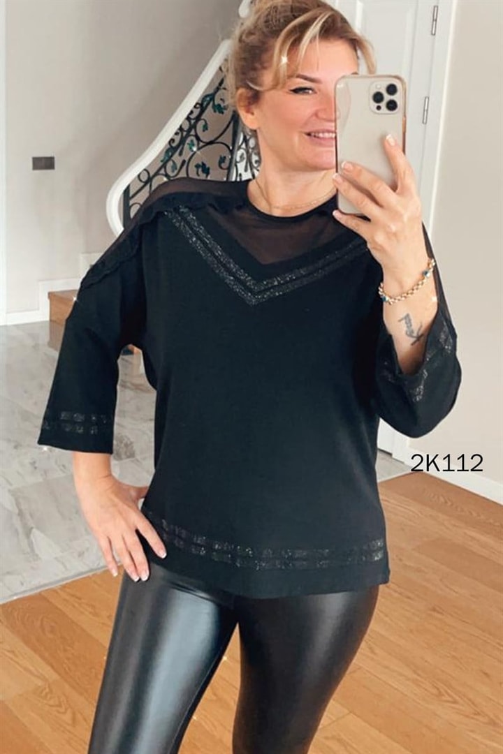 Yarasa Kol Tül Detay Bluz