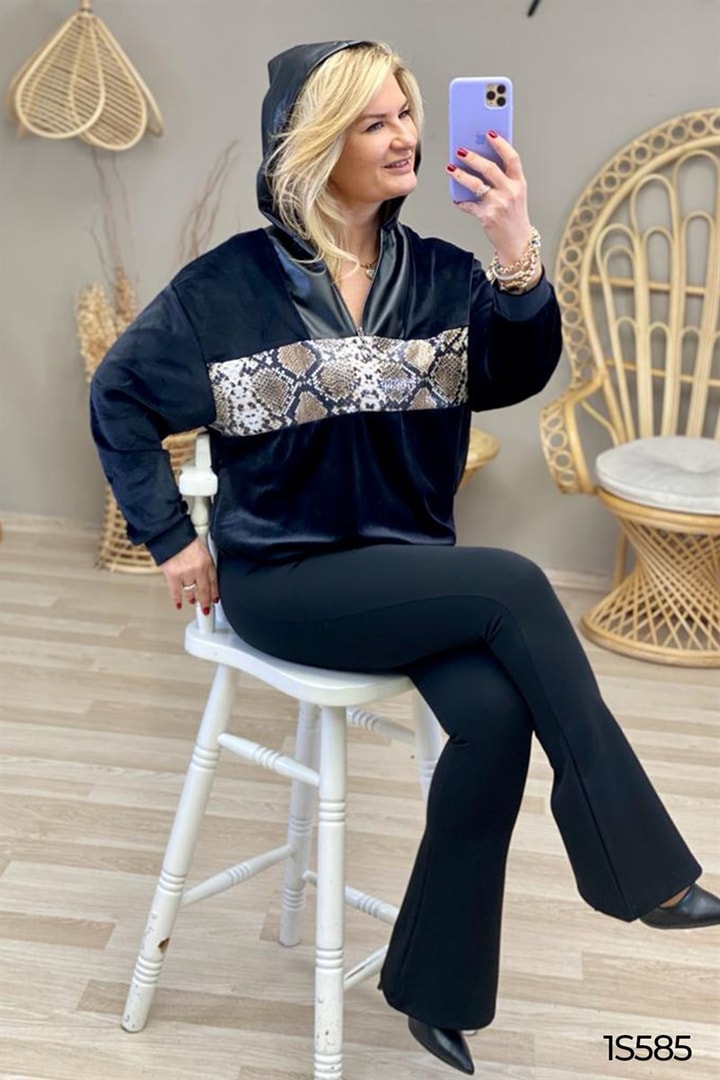 Yılan Derisi Kapşonlu Kadife Sweat