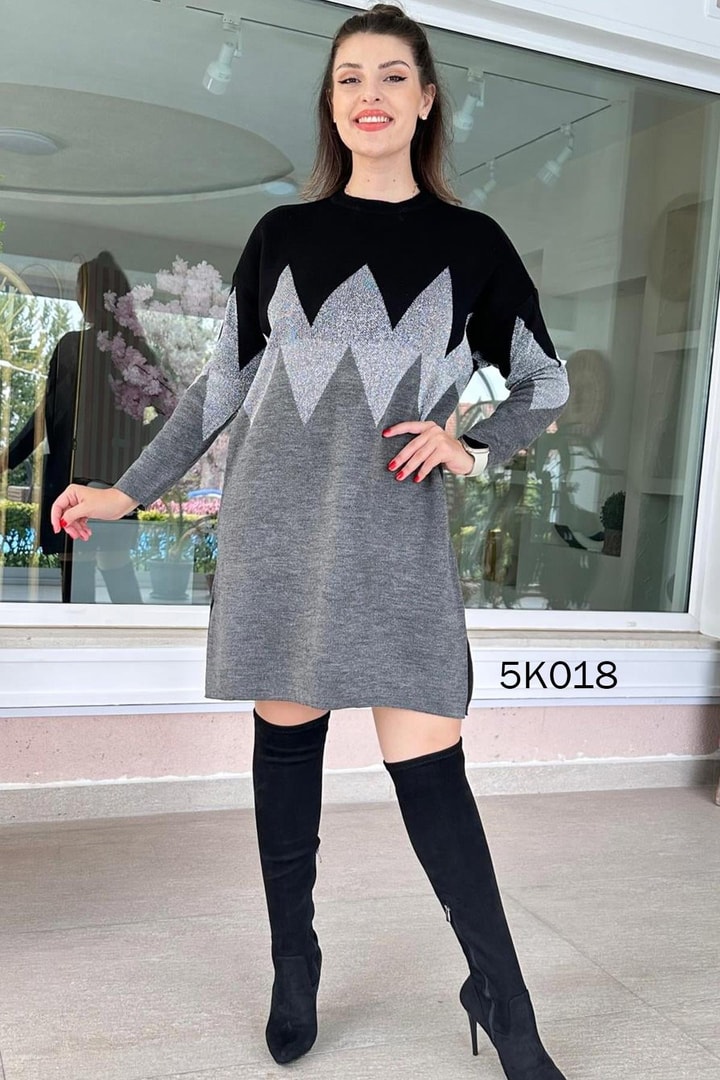 Zikzak Desenli Simli Triko Elbise