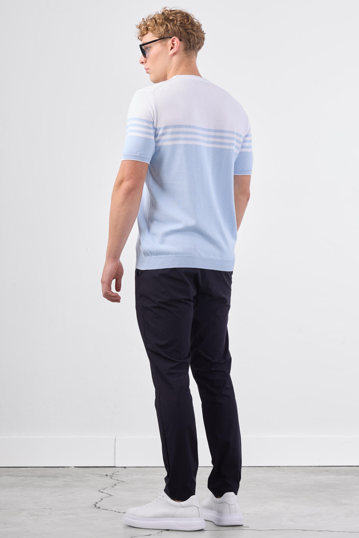 Açık Mavi Çizgili Desen Kısa Kol Slim Fit Erkek Triko
