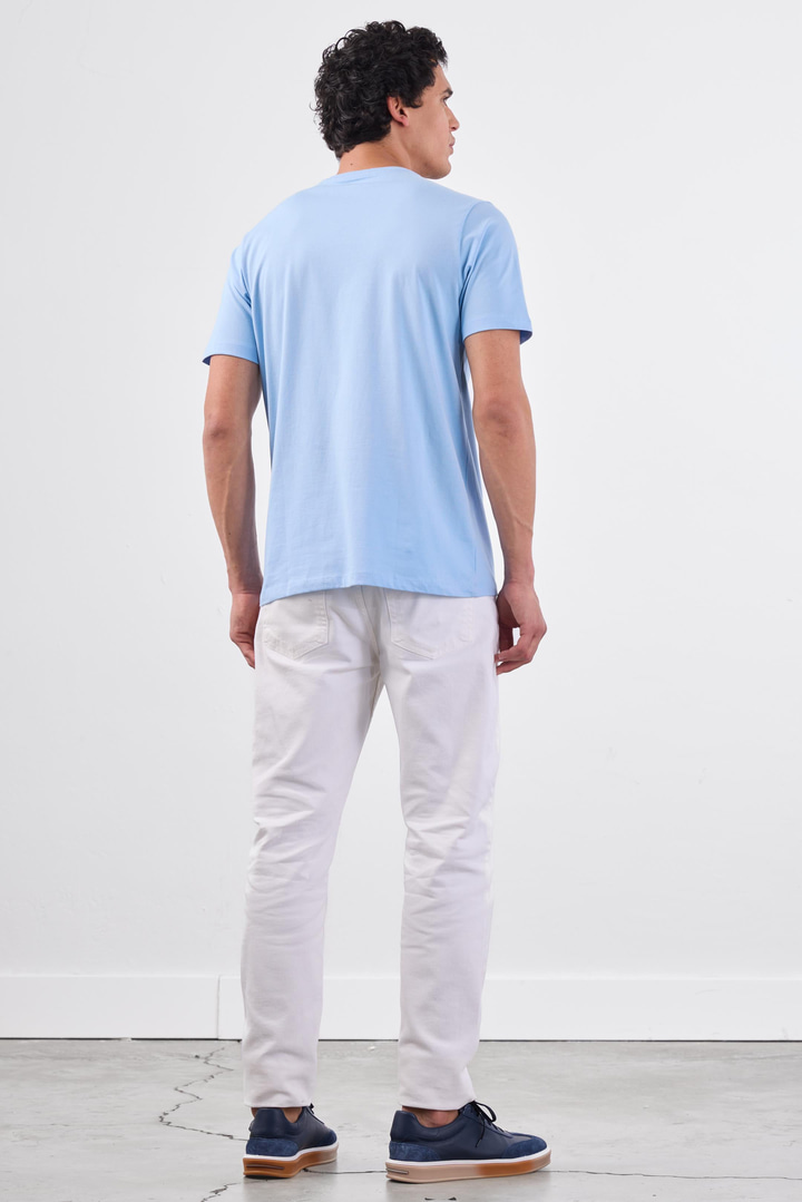 Açık Mavi V Yaka Pamuklu Düz Renk Slim Fit Erkek T-shirt