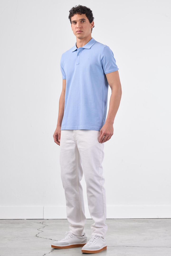 Açık Mavi Polo Yaka Pamuklu Düz Renk Slim Fit Erkek T-shirt