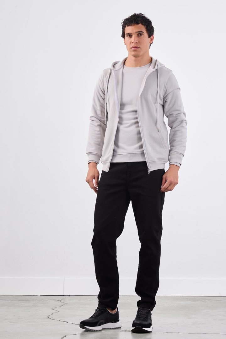 Açık Gri Fermuar Kapamalı Kapüşonlu Erkek Regular Fit Sweatshirt