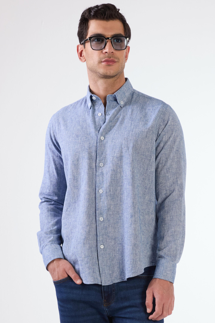 Açık Lacivert Keten Düz Renk Regular Fit Erkek Gömlek
