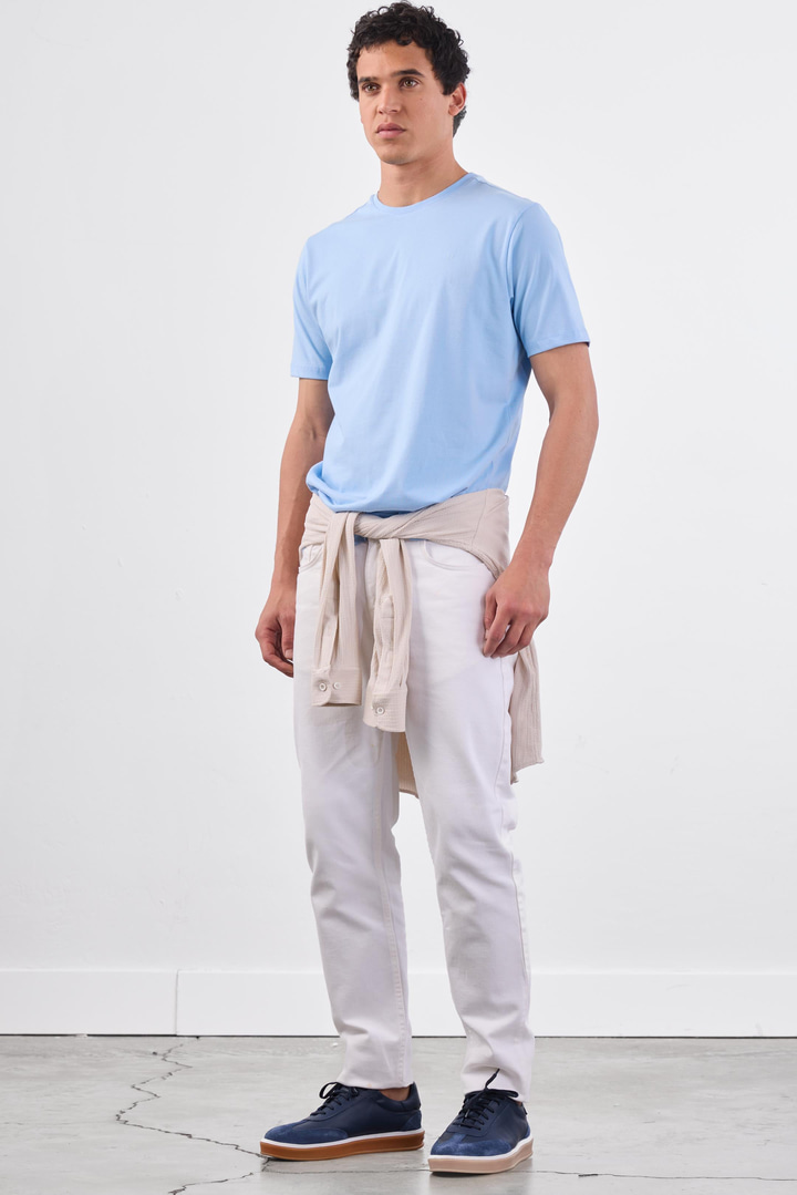 Açık Mavi Bisiklet Yaka Pamuklu Düz Renk Slim Fit Erkek T-shirt