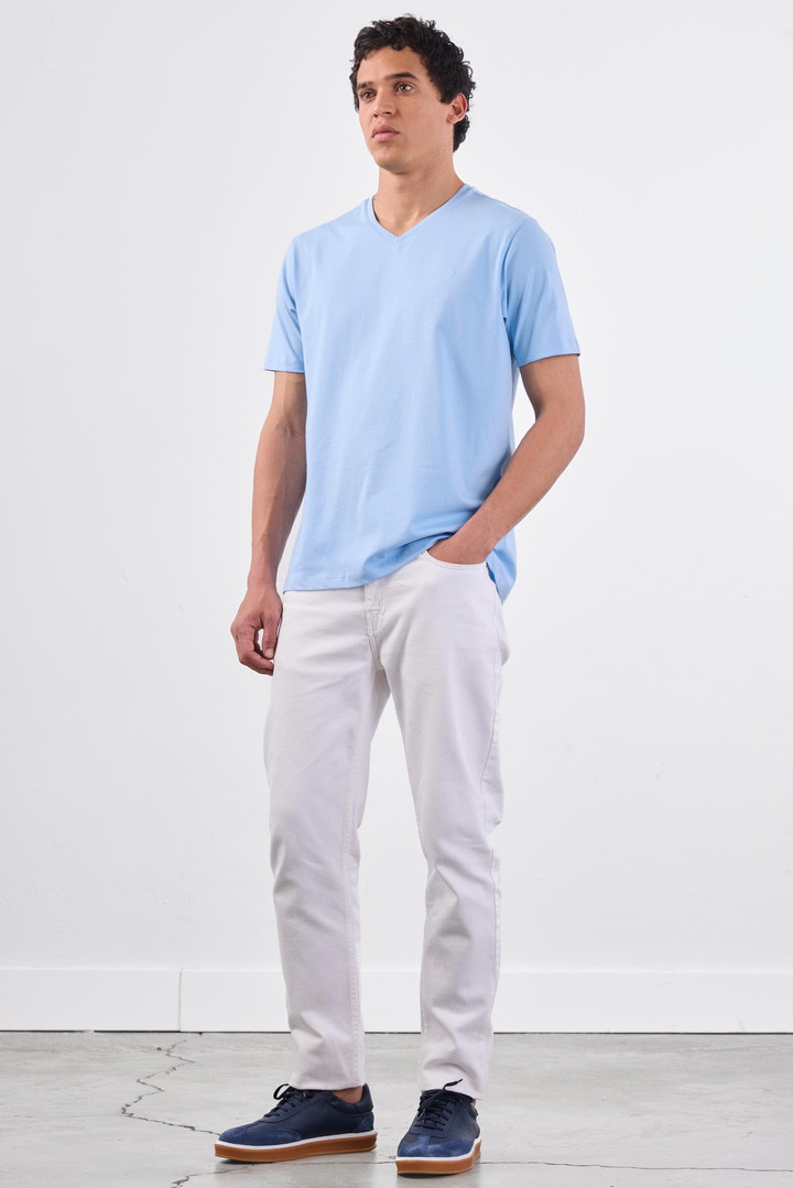 Açık Mavi V Yaka Pamuklu Düz Renk Slim Fit Erkek T-shirt