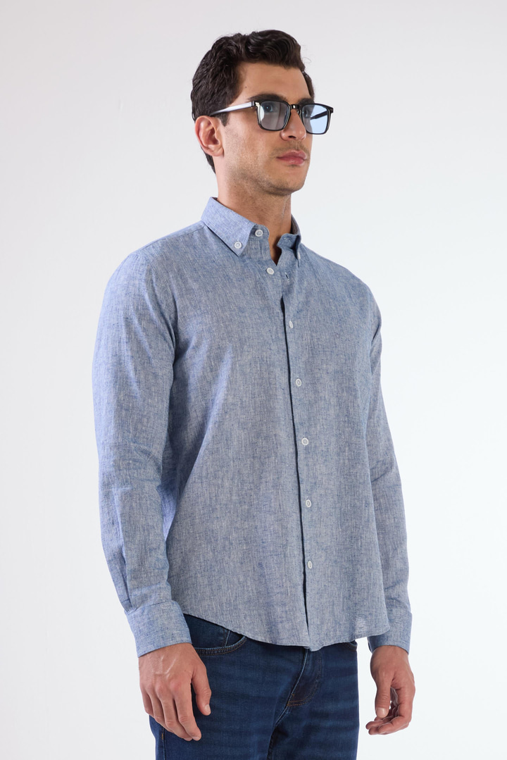 Açık Lacivert Keten Düz Renk Regular Fit Erkek Gömlek