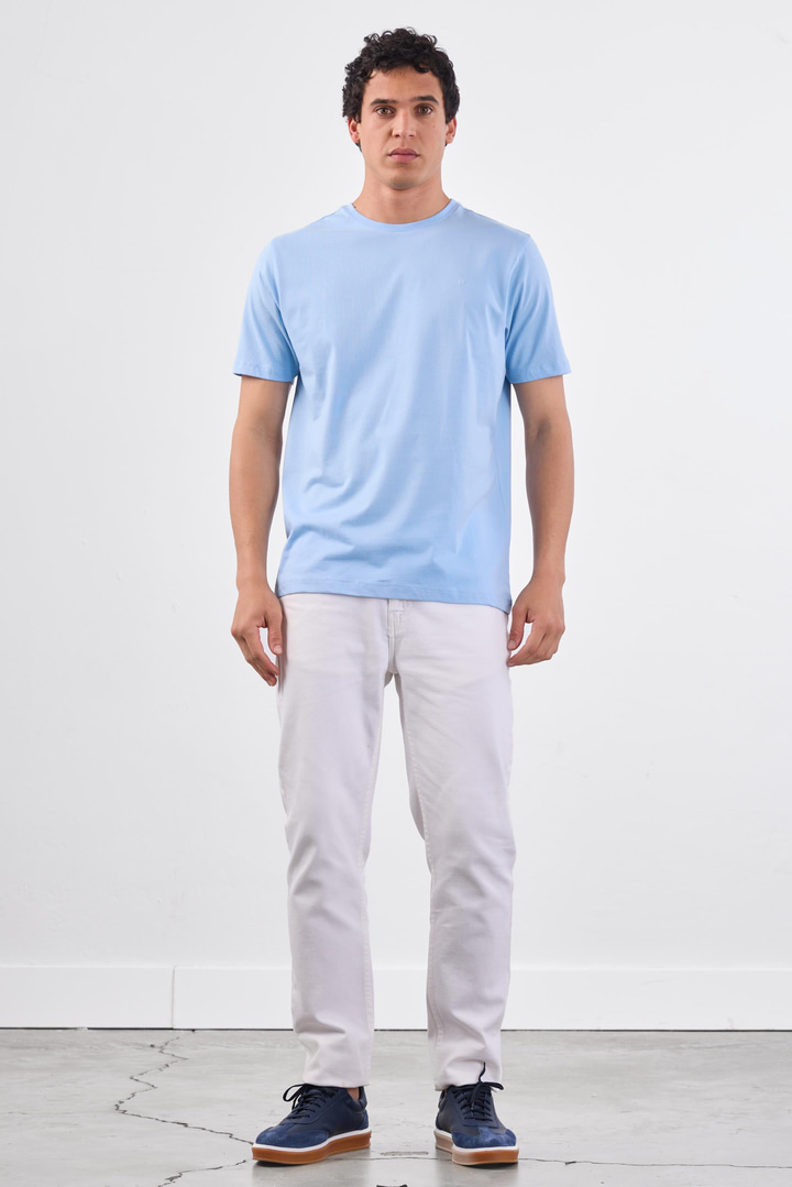 Açık Mavi Bisiklet Yaka Pamuklu Düz Renk Slim Fit Erkek T-shirt