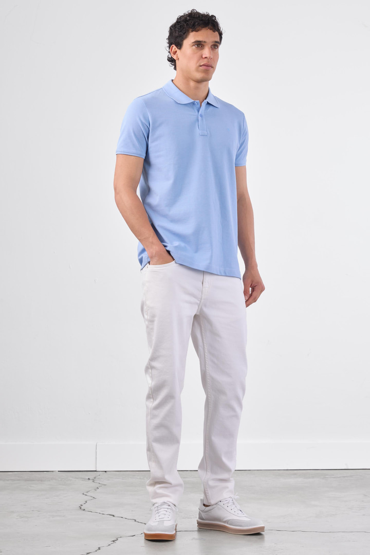 Açık Mavi Polo Yaka Pamuklu Düz Renk Slim Fit Erkek T-shirt