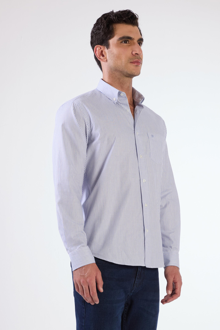 Açık Mavi Çizgili Desen Uzun Kol Regular Fit Erkek Gömlek