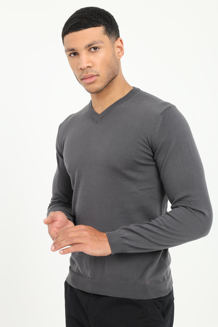 Antrasit V Yaka Regular Fit Erkek Triko