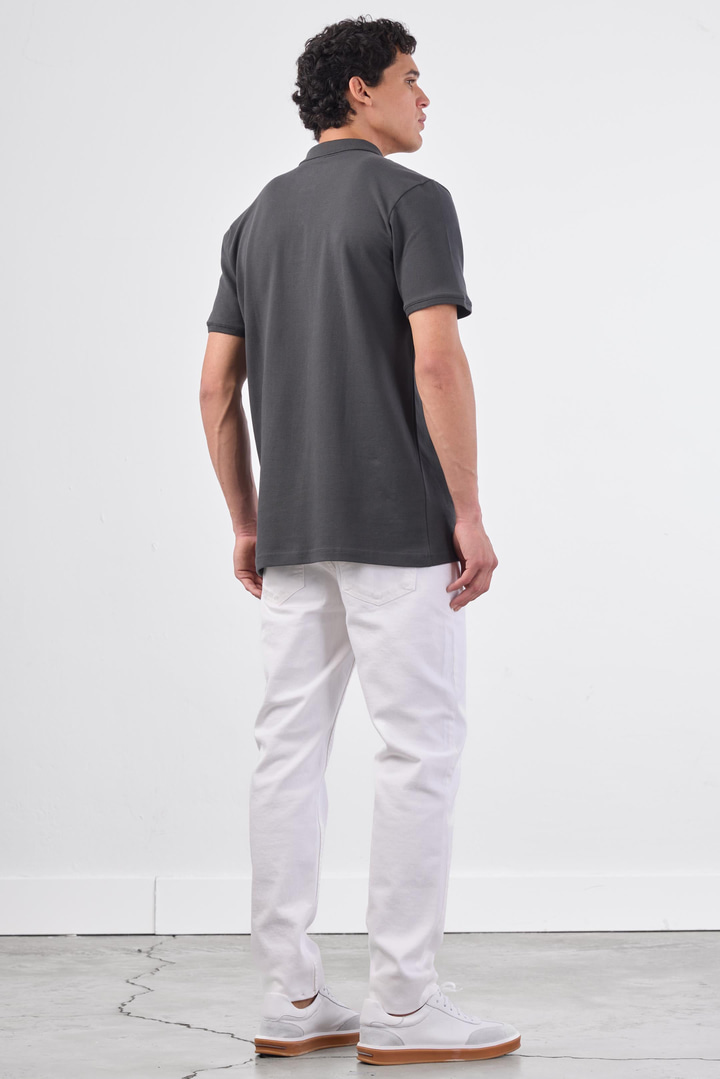 Antrasit Polo Yaka Pamuklu Düz Renk Slim Fit Erkek T-shirt